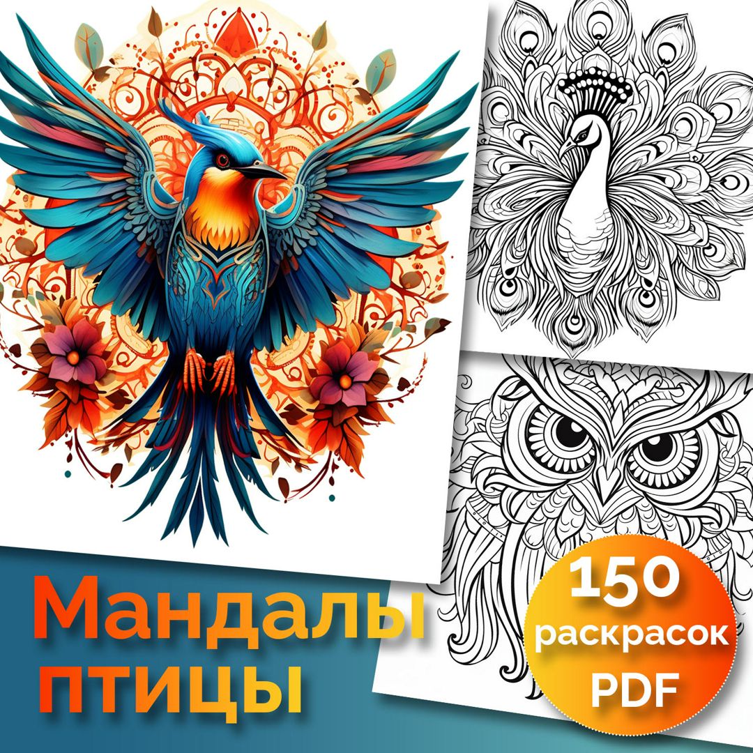 Раскраска "Мандалы-птицы", 150 страниц PDF +бонус