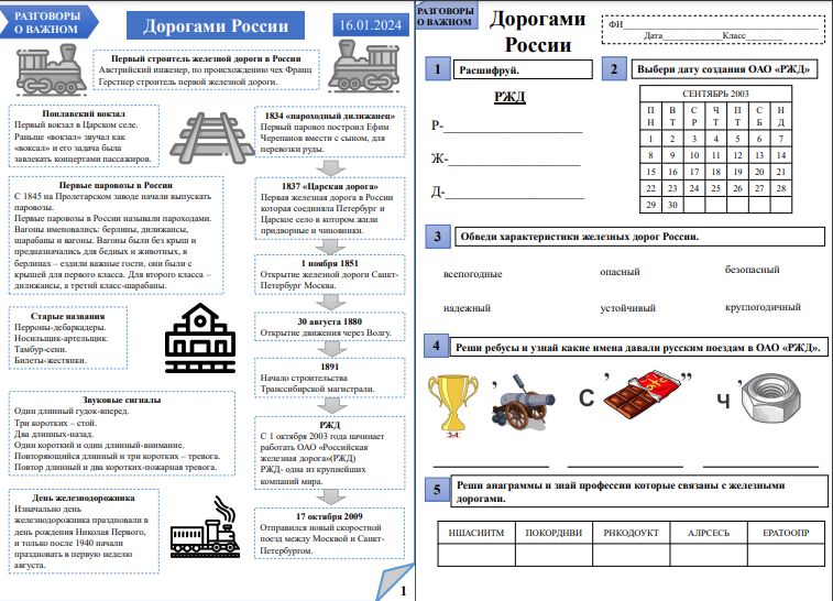 3 штуки Рабочие листы по разговорам о важном "Дорогами России"+ конспект истории