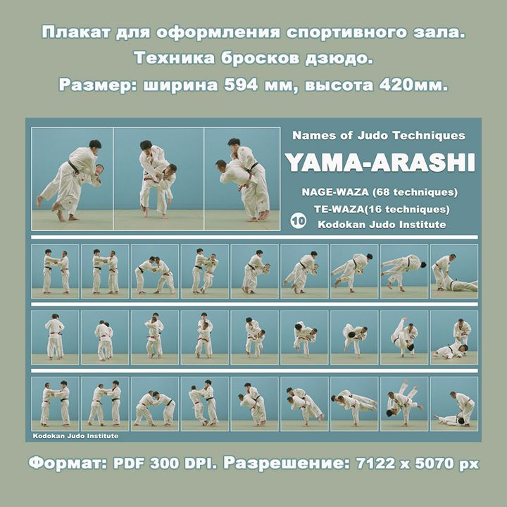 Плакат дзюдо формат А2. Подхват под две ноги с односторонним захватом YAMA-ARASHI. Учебное пособие.