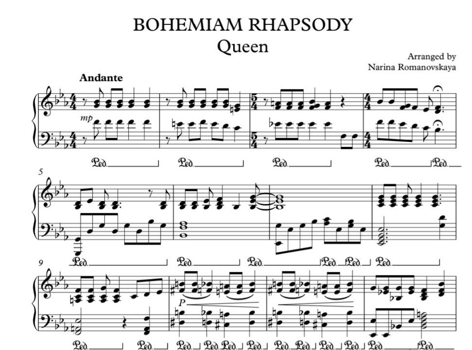 Богемская рапсодия. Queen. Bohemian Rhapsody. Ноты для фортепиано