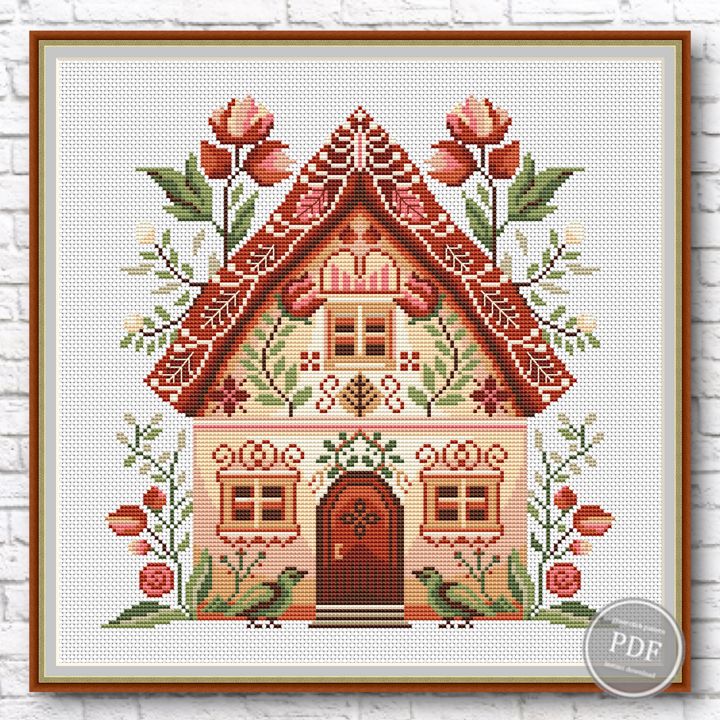 Схема вышивки крестом Милый дом, Цветы. Вышивка в народном стиле. Цифровой файл ПДФ