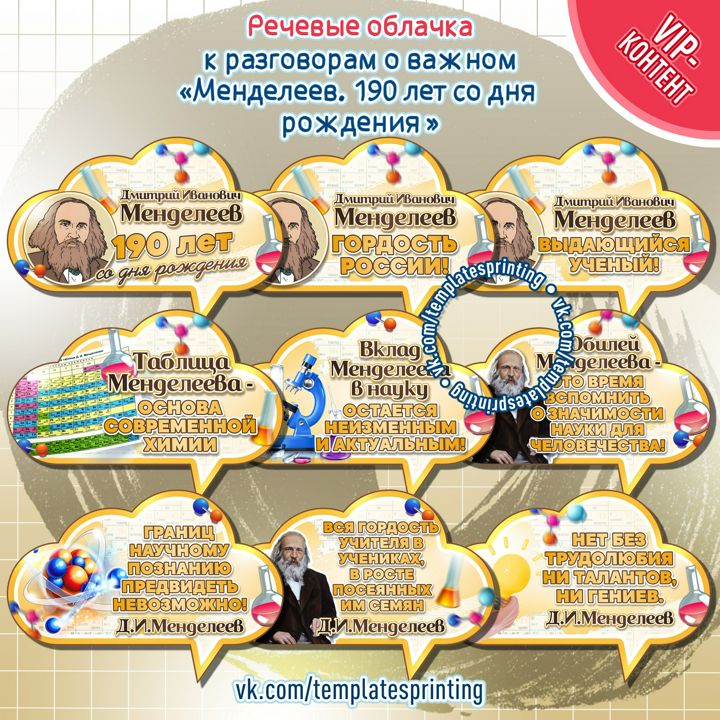 Речевые облачка для печати к «Разговоры о Важном» на 5 февраля «Менделеев. 190 лет со дня рождения»