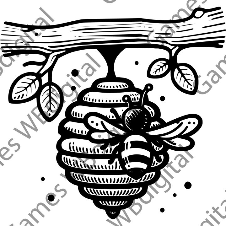 Пчела летит к улью, висящему на ветке дерева в монохромном режиме. Улей диких пчел