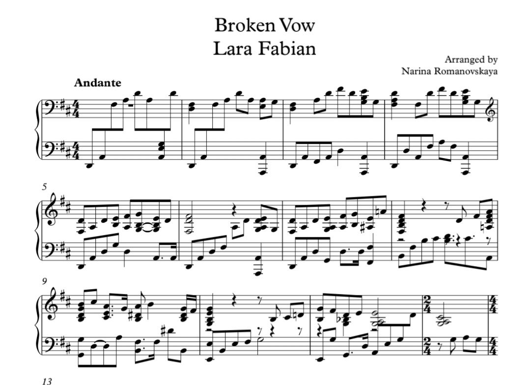 Lara Fabian. Broken vow Ноты для фортепиано