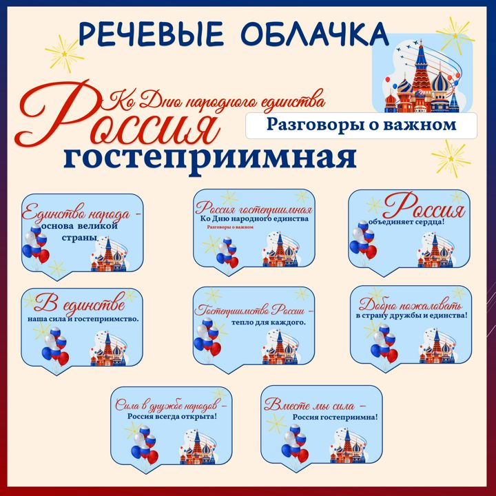 Речевые облака "Россия гостеприимная. Ко Дню народного единства". Разговоры о важном.