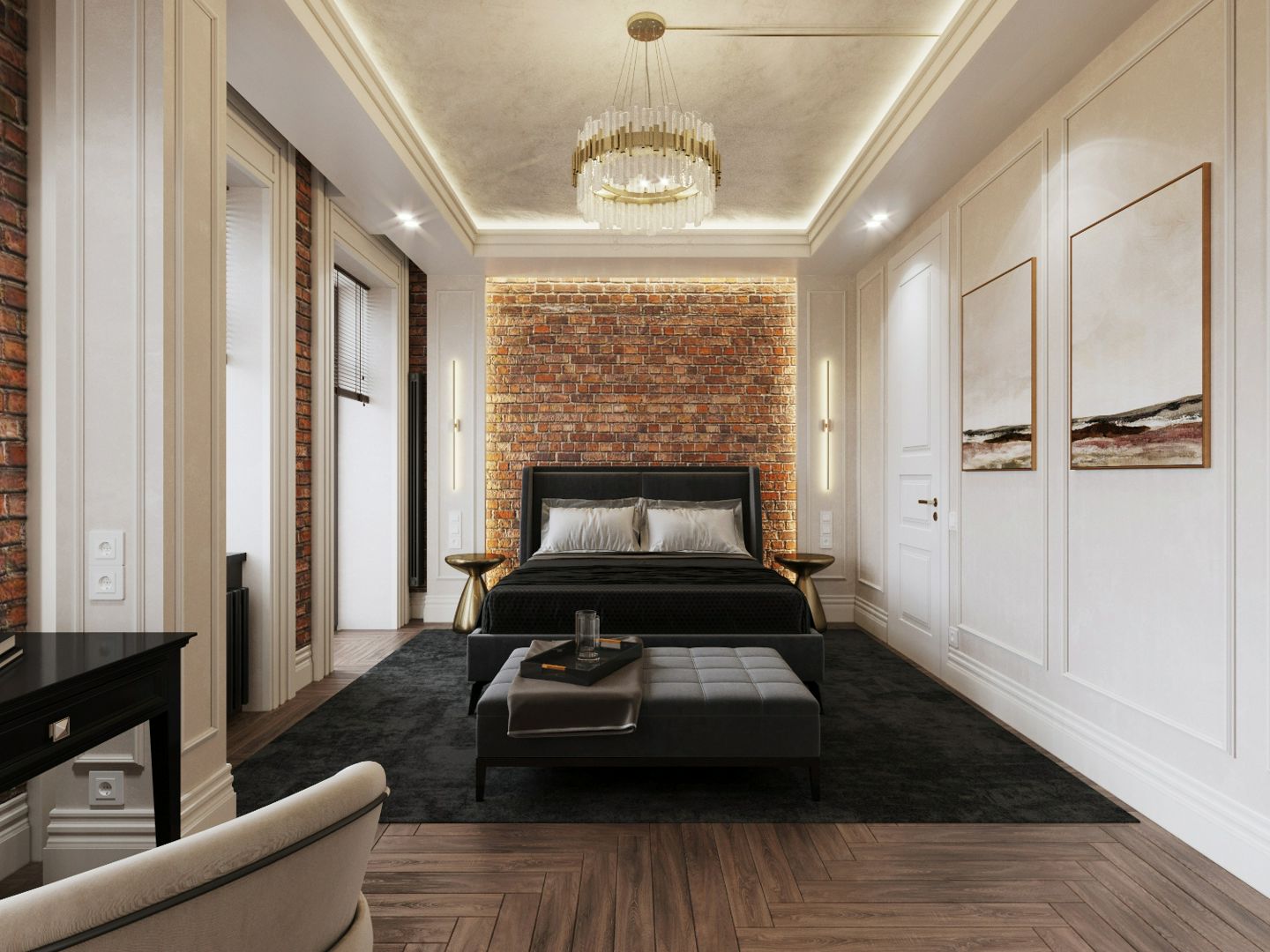 3D модель спальни дизайн интерьера квартиры дома готовая сцена 3D max / Corona Render