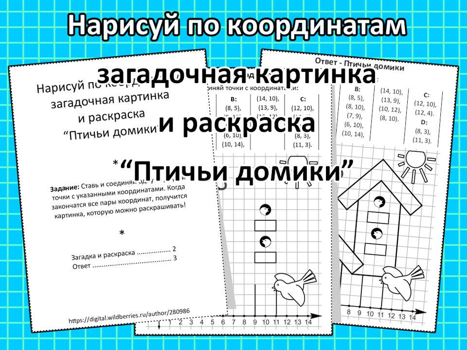 Нарисуй по координатам загадочная картинка и раскраска “Птичьи домики”