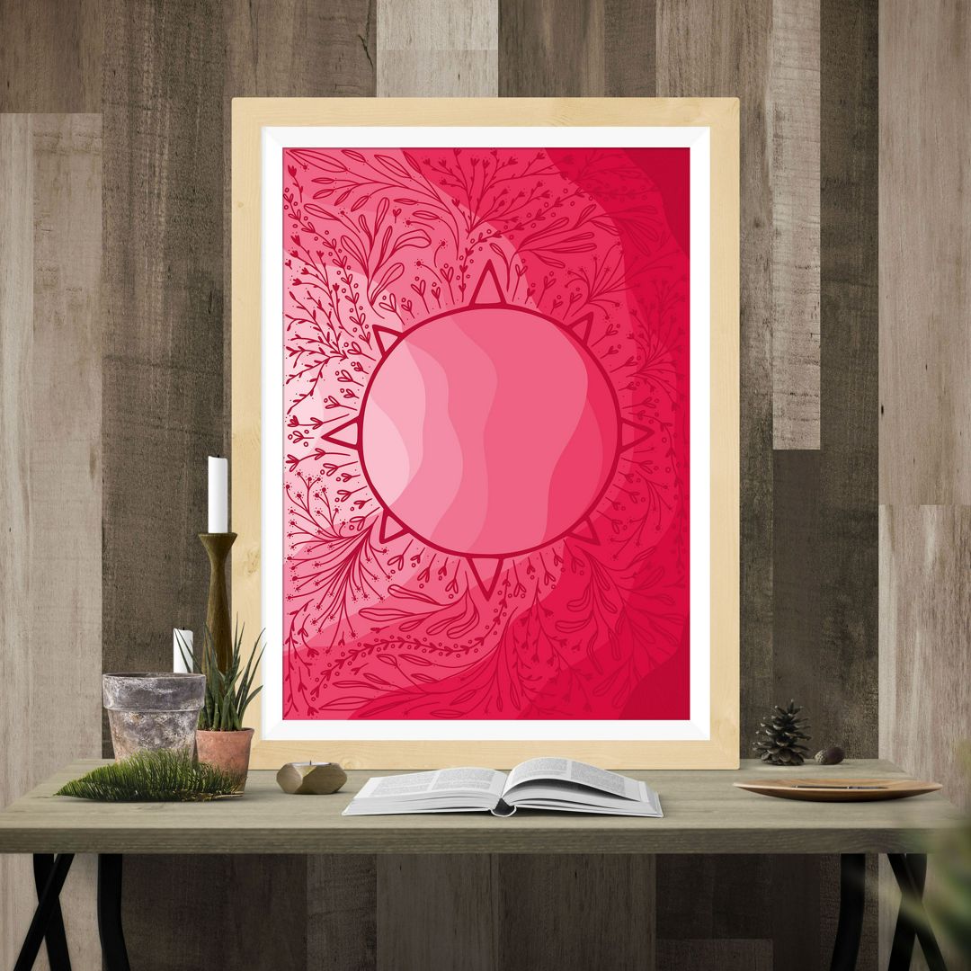 Интерьерная картина с розовым градиентом, картина с солнцем, интерьерный постер яркий розовый