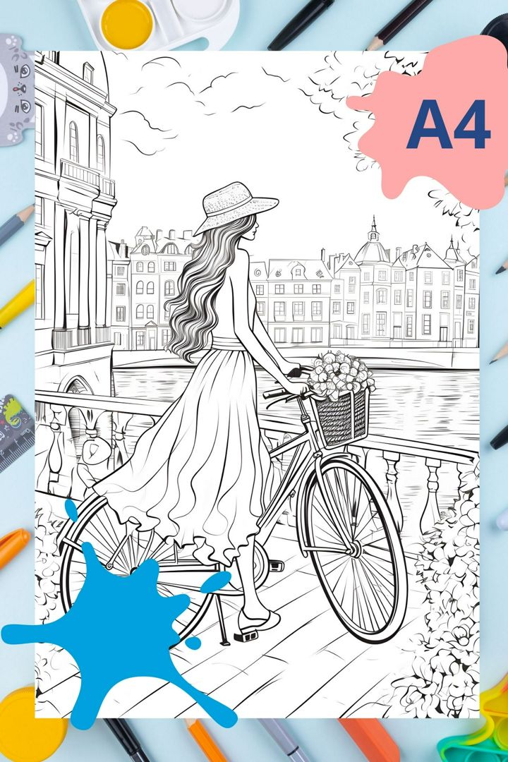 Раскраска антистресс Девушка на велосипеде