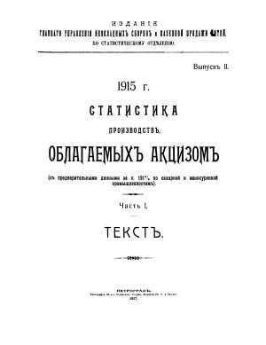 Раритет 1915. "Статистика производств, облагаемых акцизом. Выпуск 2. Часть 1."