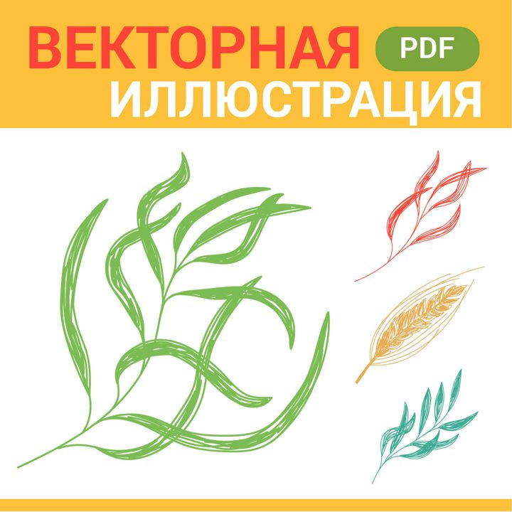 Листья, колосок. Векторная картинка pdf. Стиль цветные карандаши. Листочки, листики, пшеница, колос.