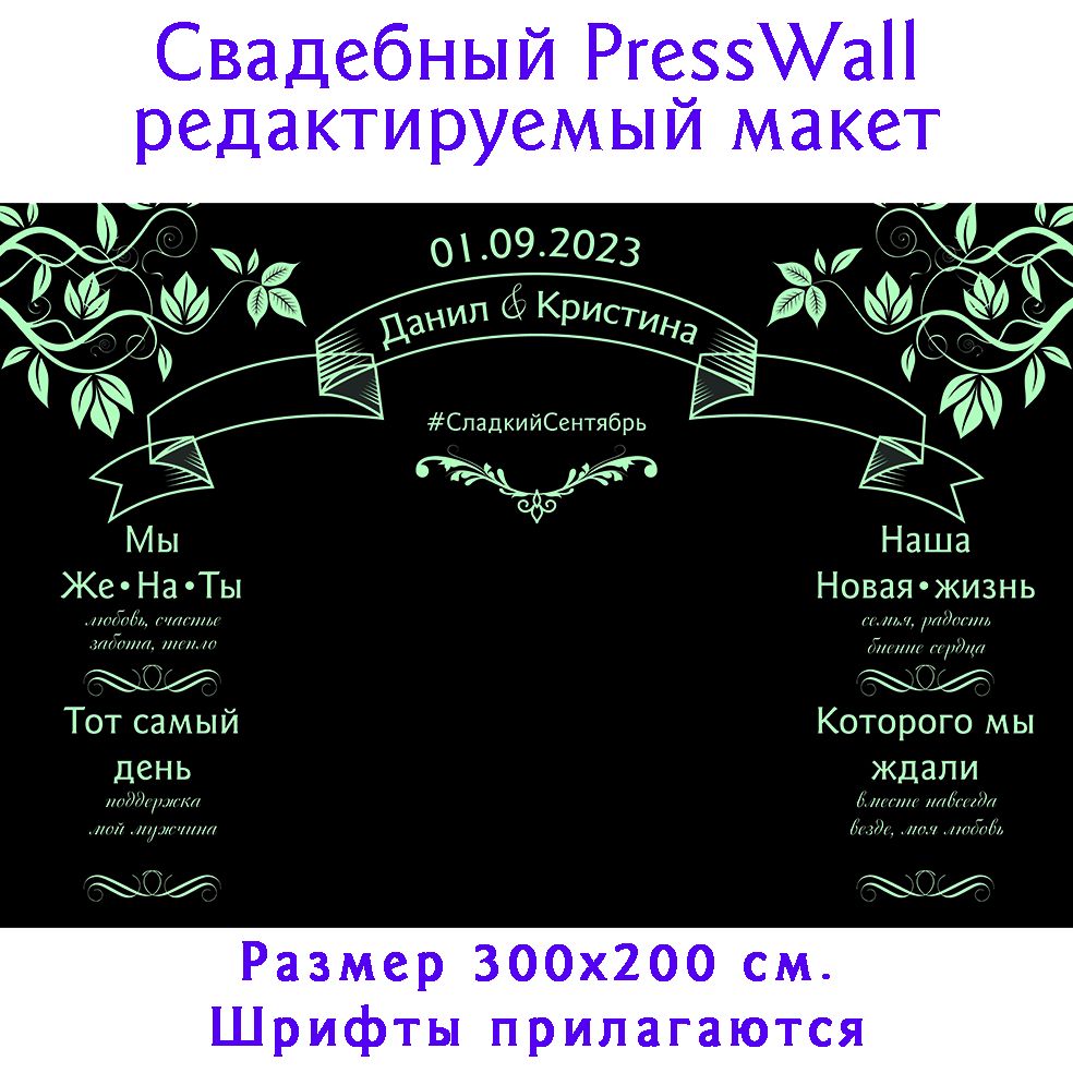 Свадебный баннер Пресс Волл 300х200 редактируемый макет Мята
