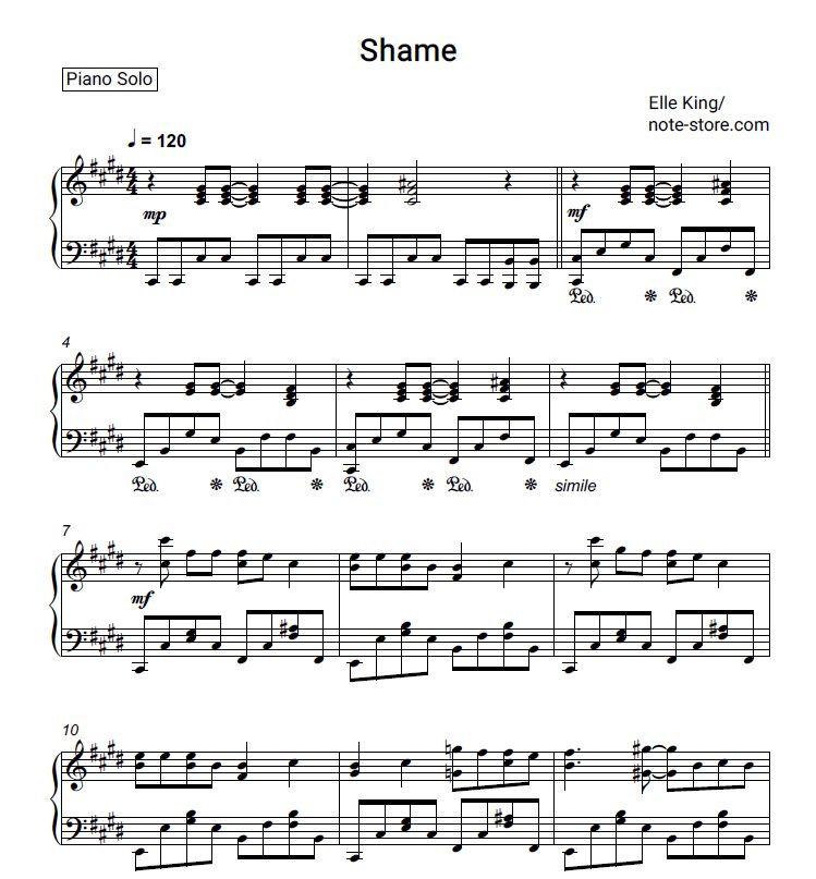 Ноты Elle King - Shame - Пианино.Соло