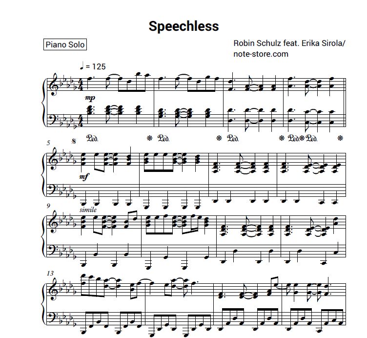 Ноты Robin Schulz, Erika Sirola - Speechless - Пианино.Соло