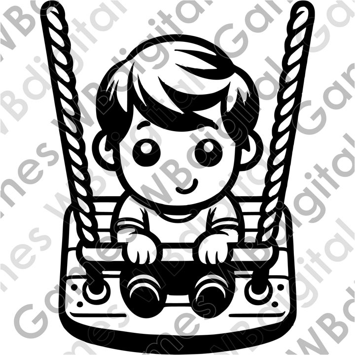 Маленький мальчик катается на деревянных качелях. Летние развлечения для детей во дворе