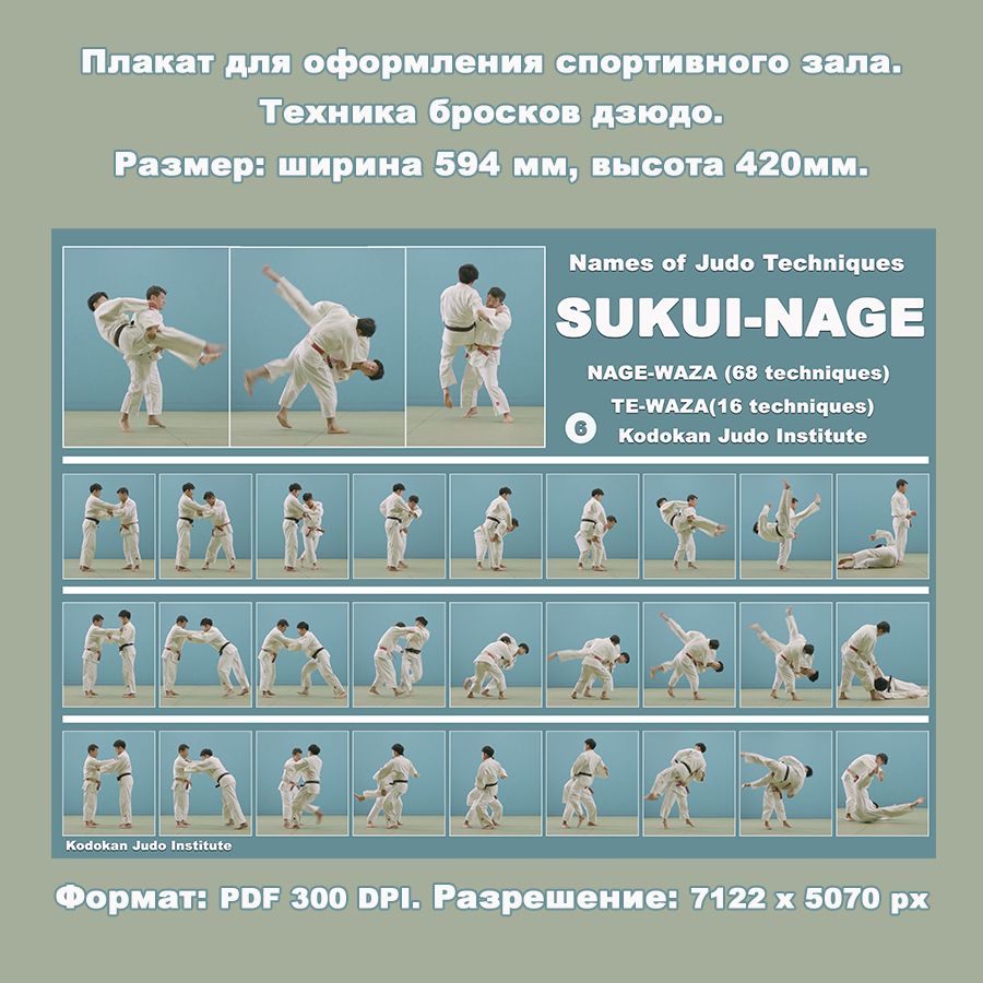 Плакат дзюдо формата А2. Сборник бросков с захватом за ногу SUKUI-NAGE.