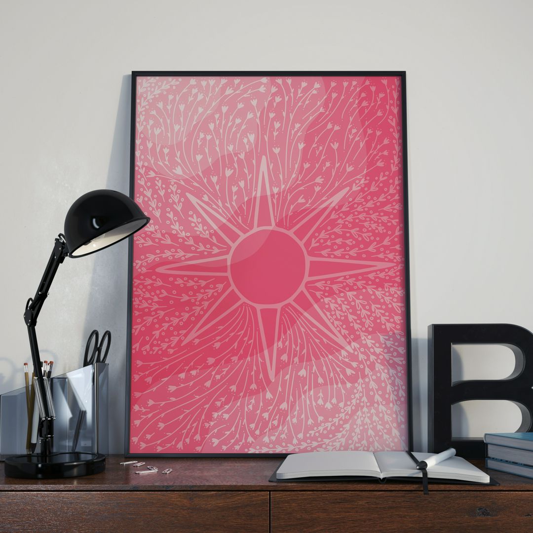 Нежный интерьерный постер со звездой и растениями, интерьерная картина розовая с градиентом