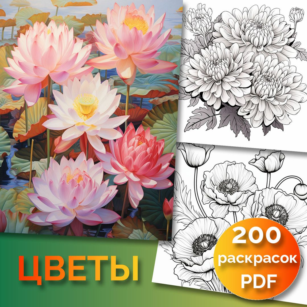 Раскраска Цветы, 200 страниц PDF + бонус