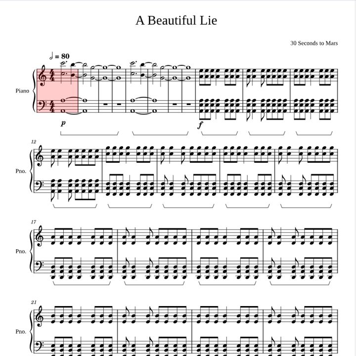 Ноты 30 Seconds To Mars - A Beautiful Lie. Пианино. Соло.