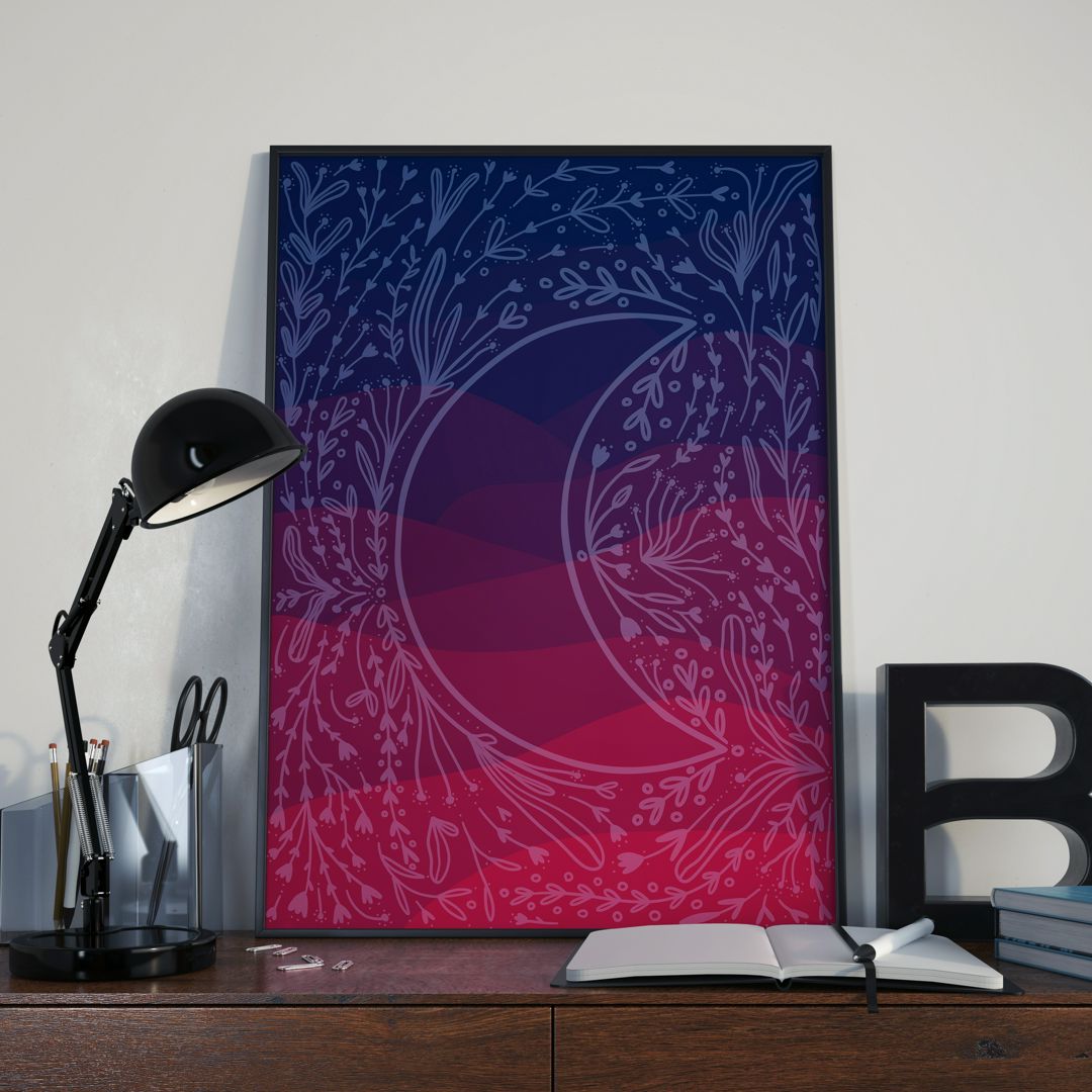 Постер для интерьера розово-синий с месяцем и растительными мотивами, интерьерная картина синяя