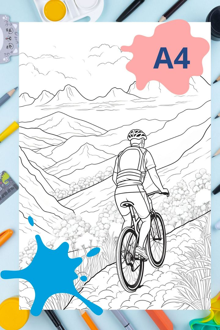Раскраска антистресс Велосипедист в горах