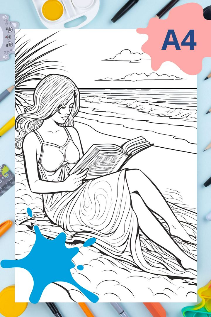 Раскраска антистресс Девушка на пляже