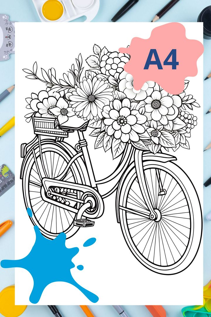 Раскраска антистресс Велосипед с цветами