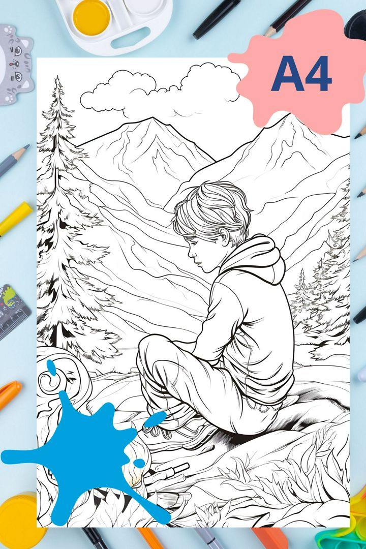 Раскраска антистресс Мальчик в горах