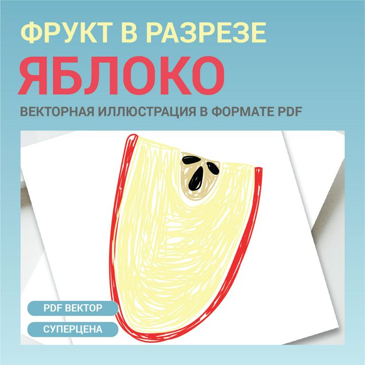 Яблоко в разрезе. Векторная картинка фрукта pdf. Стиль Цветные карандаши.