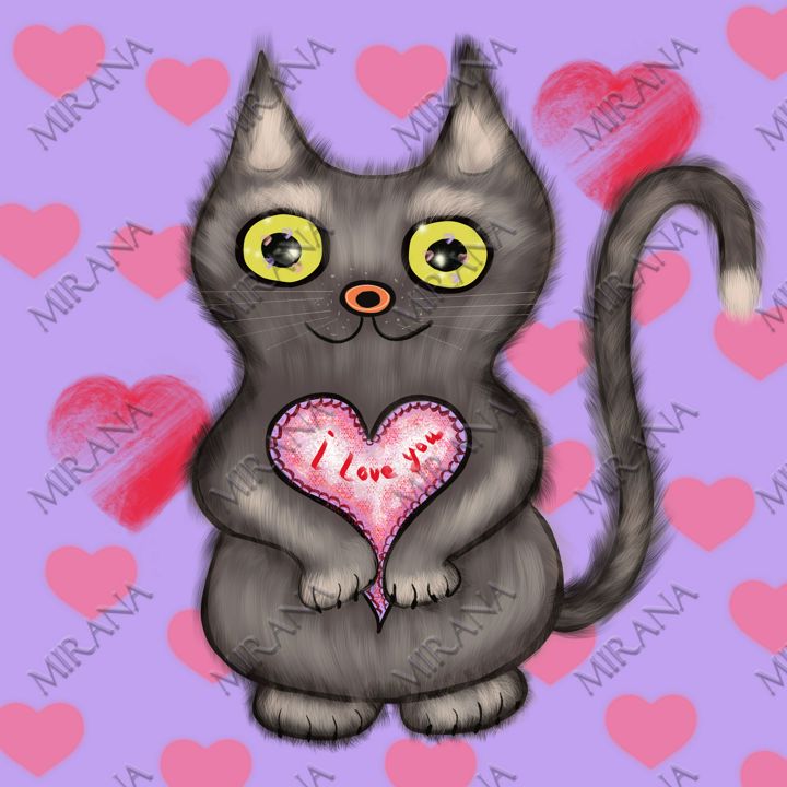 Валентинка "Котик с сердечком", открытка/ постер/принт для печати (цифровой рисунок)
