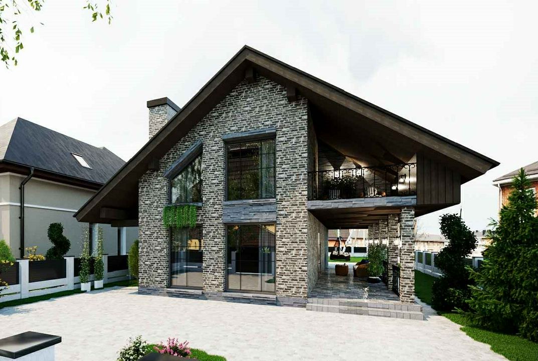 Модель проекта индивидуального одноэтажного дома с мансардой, стиль Шале
