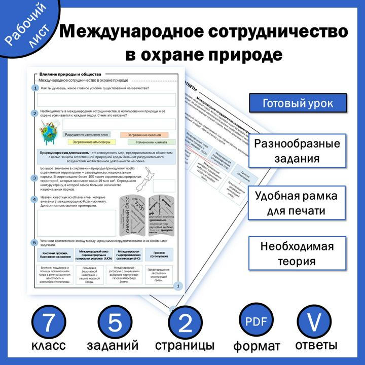 Рабочий лист "Международное сотрудничество в охране природе". География, 7 класс.