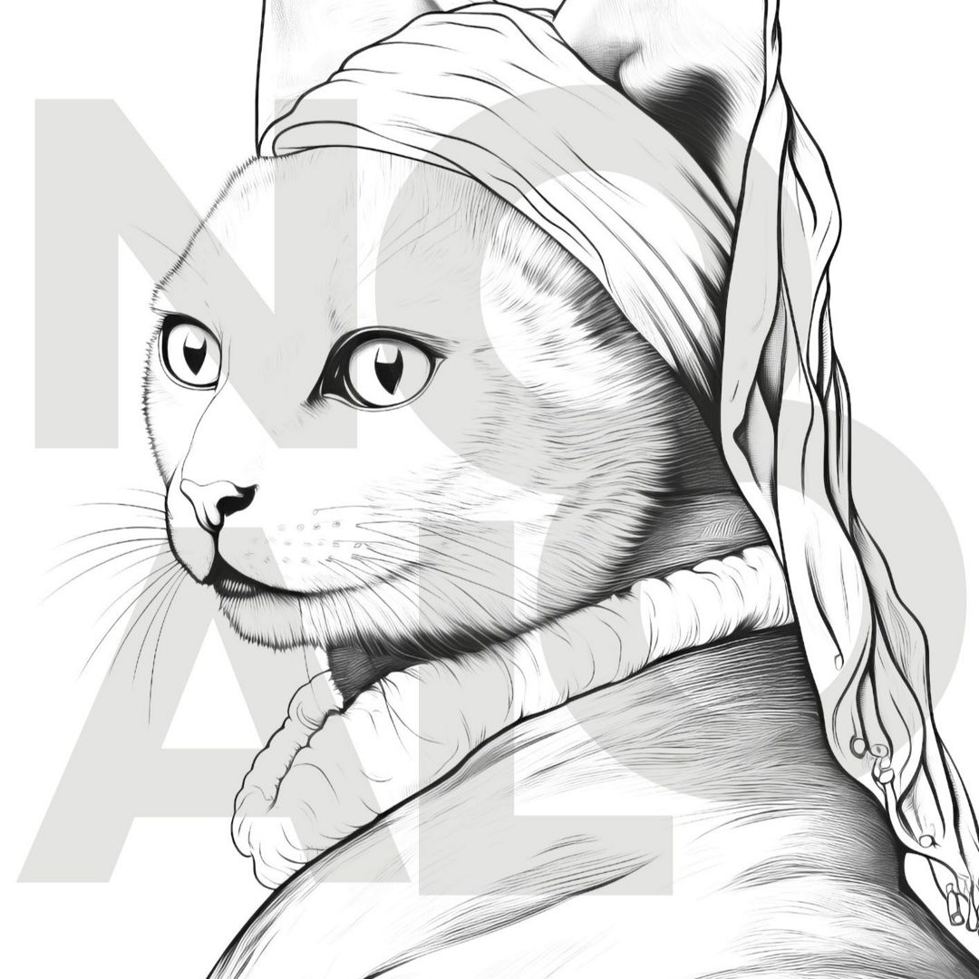 Раскраска «Котенька без жемчужной сережки» для печати (А4)