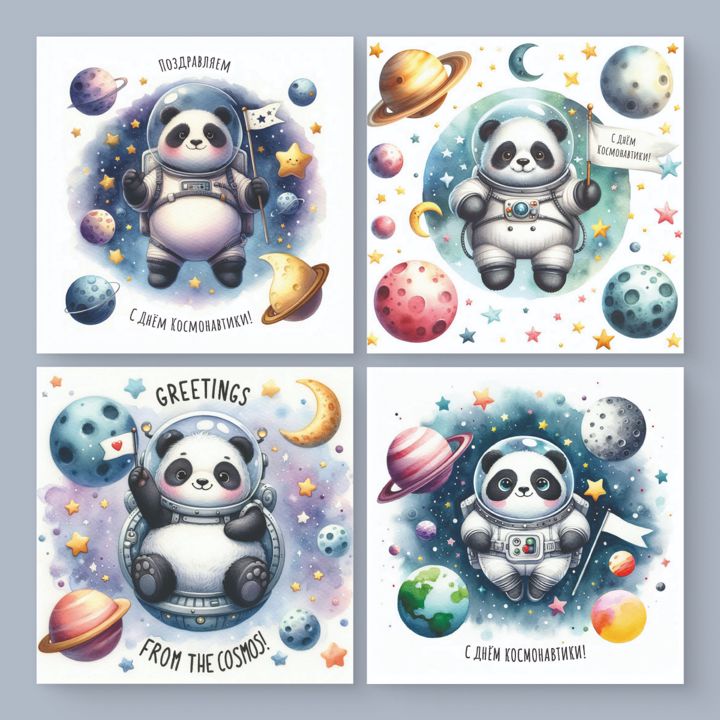 4 открытки "Панда в космосе" ко Дню Космонавтики