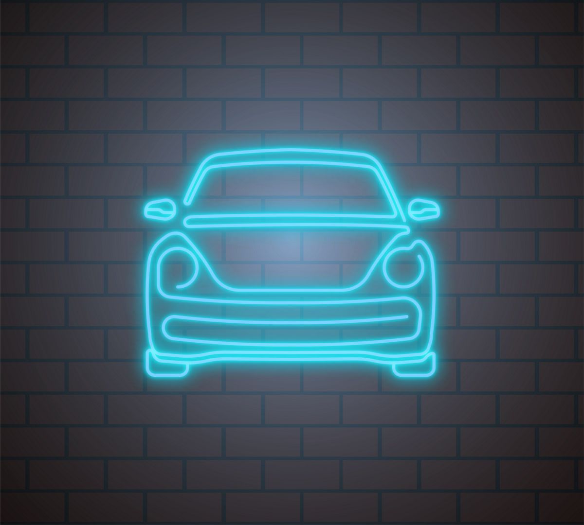 Иконка автомобиля в неоново-синей подсветке на фоне кирпичной стены