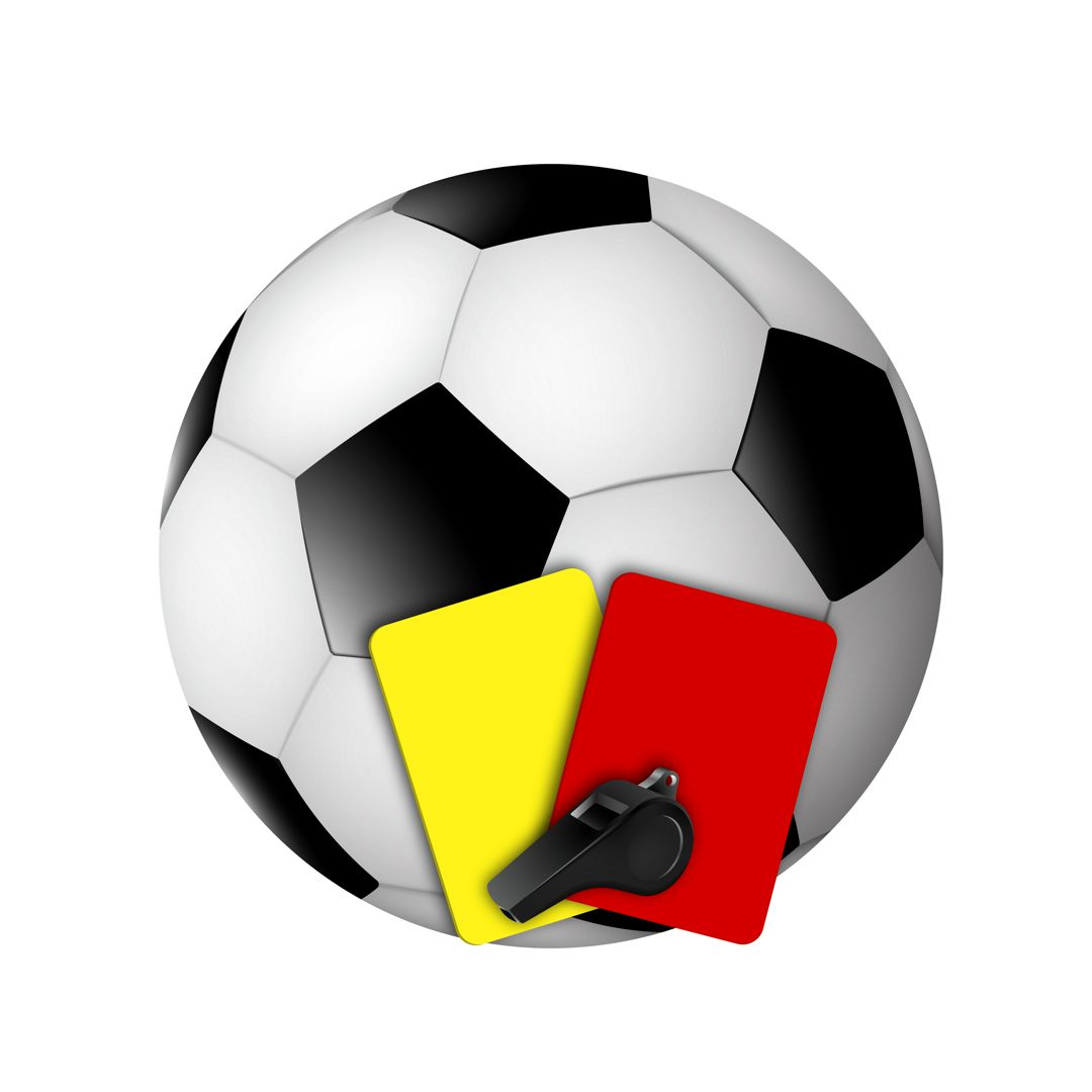 Футбольный мяч, свисток рефери, желтые и красные карточки