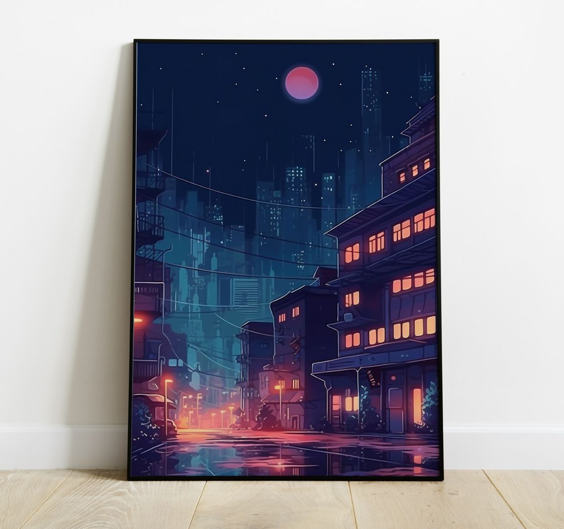 Красочная иллюстрация ночного города в стиле аниме для самостоятельной печати