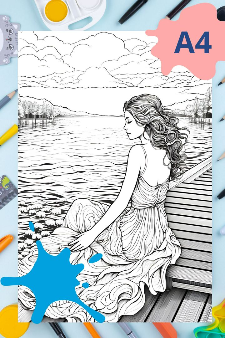 Раскраска антистресс Девушка у озера