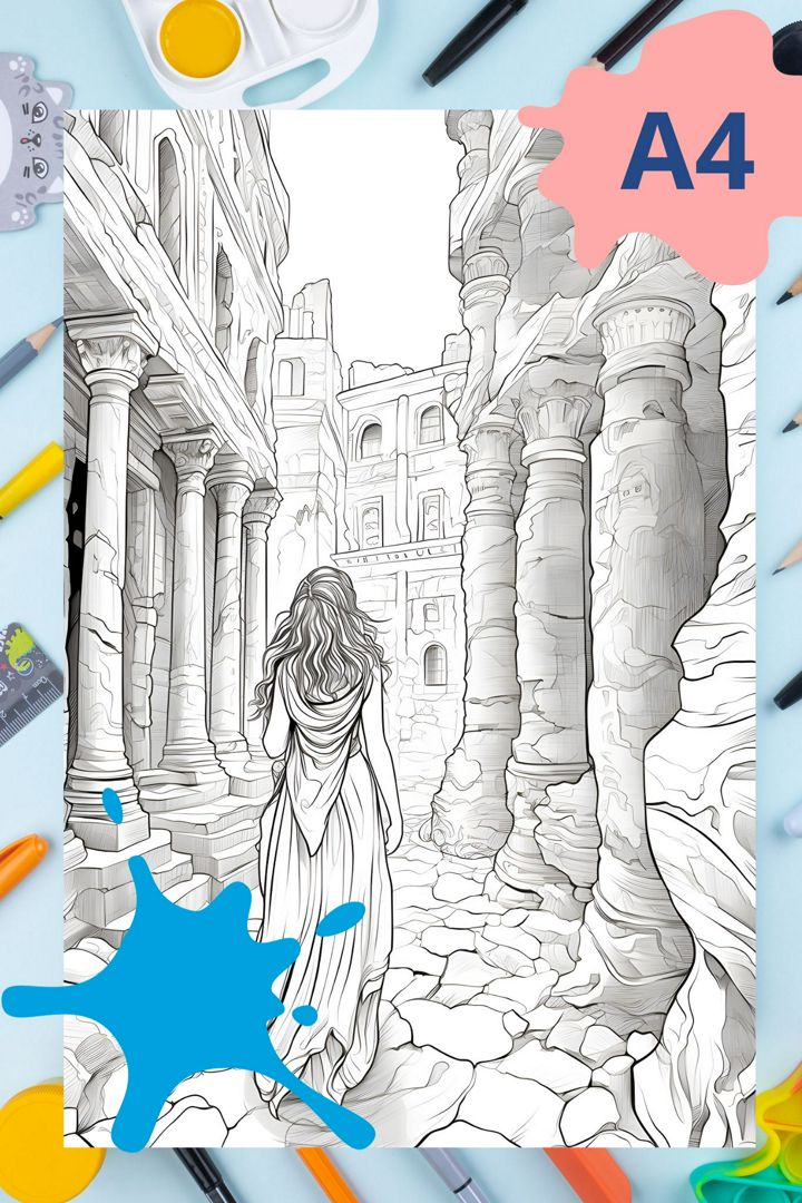 Раскраска антистресс Девушка в античном городе