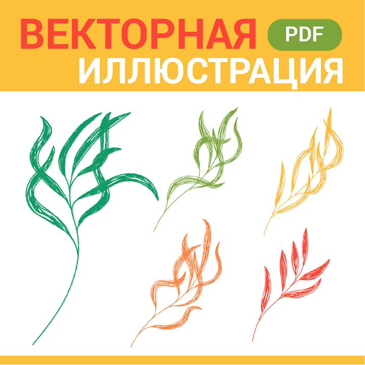 Листья ивы. Векторная картинка pdf. Стиль цветные карандаши. Листочки, листики. Высокая четкость