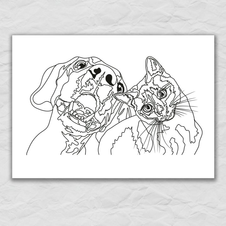 Раскраска Кошка и собака, принт для печати, постер А4