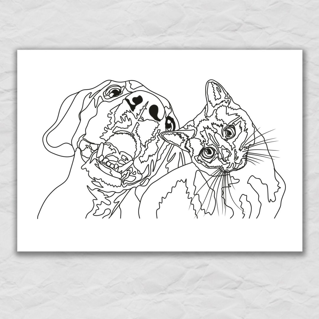 Раскраска Кошка и собака, принт для печати, постер А4