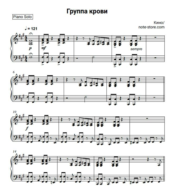 Ноты Кино (Виктор Цой) - Группа крови - Пианино.Соло