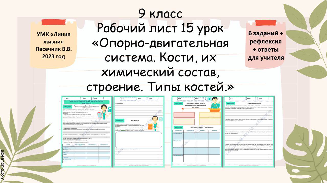 Рабочий лист 15 урок 9 класс "Опорно-двигательная система. Кости, их химический состав, строение"