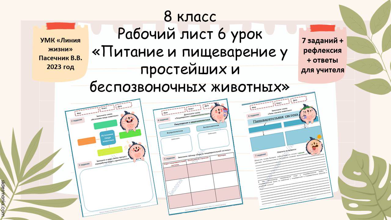 Рабочий лист 6 урок 8 класс «Питание и пищеварение у простейших и беспозвоночных животных»