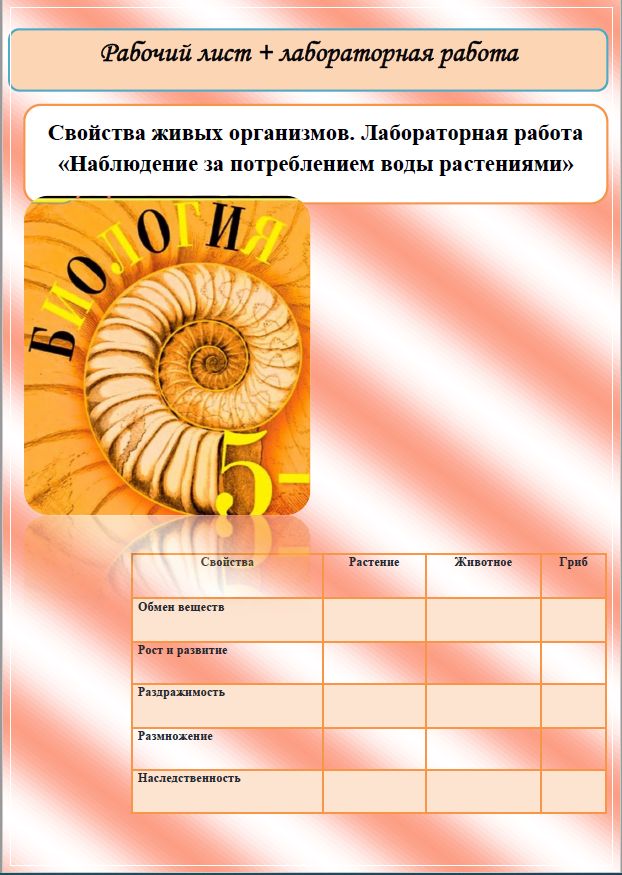 рабочий лист свойства воды