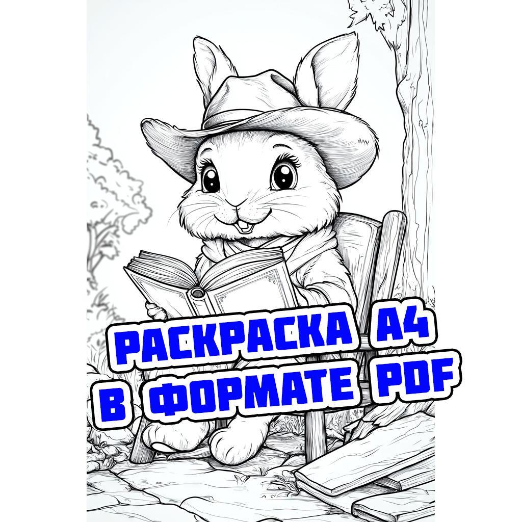 Раскраска "Зайка с книжкой": цифровая иллюстрация для печати ...