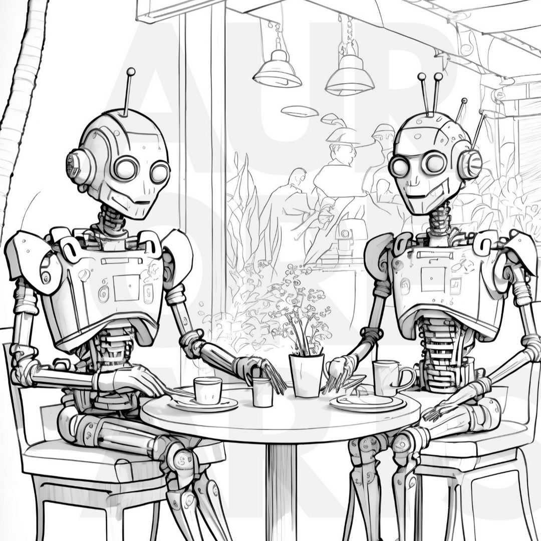 Раскраска «Роботы в кафе» для печати (А4)