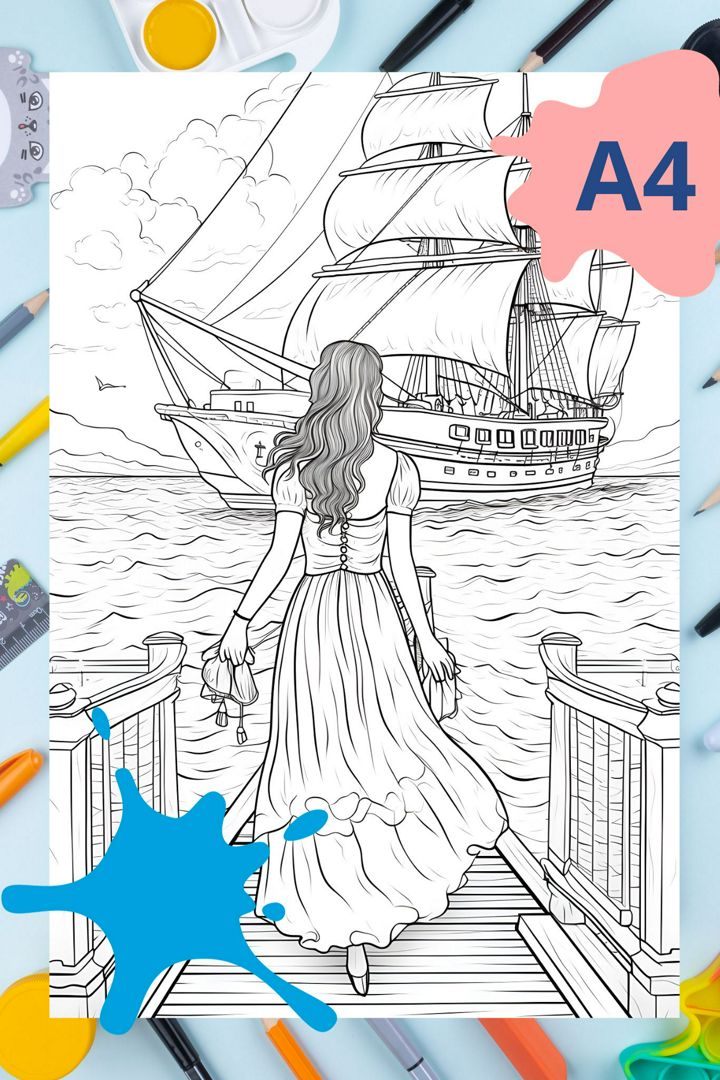 Раскраска антистресс Девушка и корабль