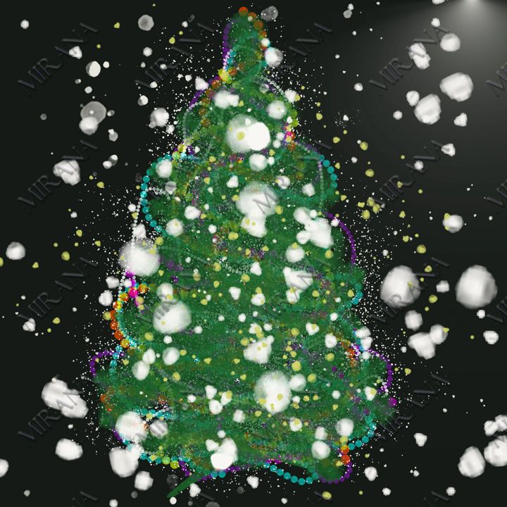 Елка новогодняя в снегу, с игрушками, постер/принт для печати (цифровой рисунок)